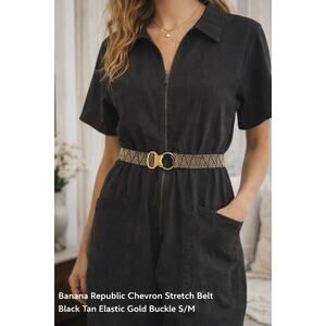 Banana Republic Chevron Stretch Belt Black Tan Elastic Gold Buckle S/M